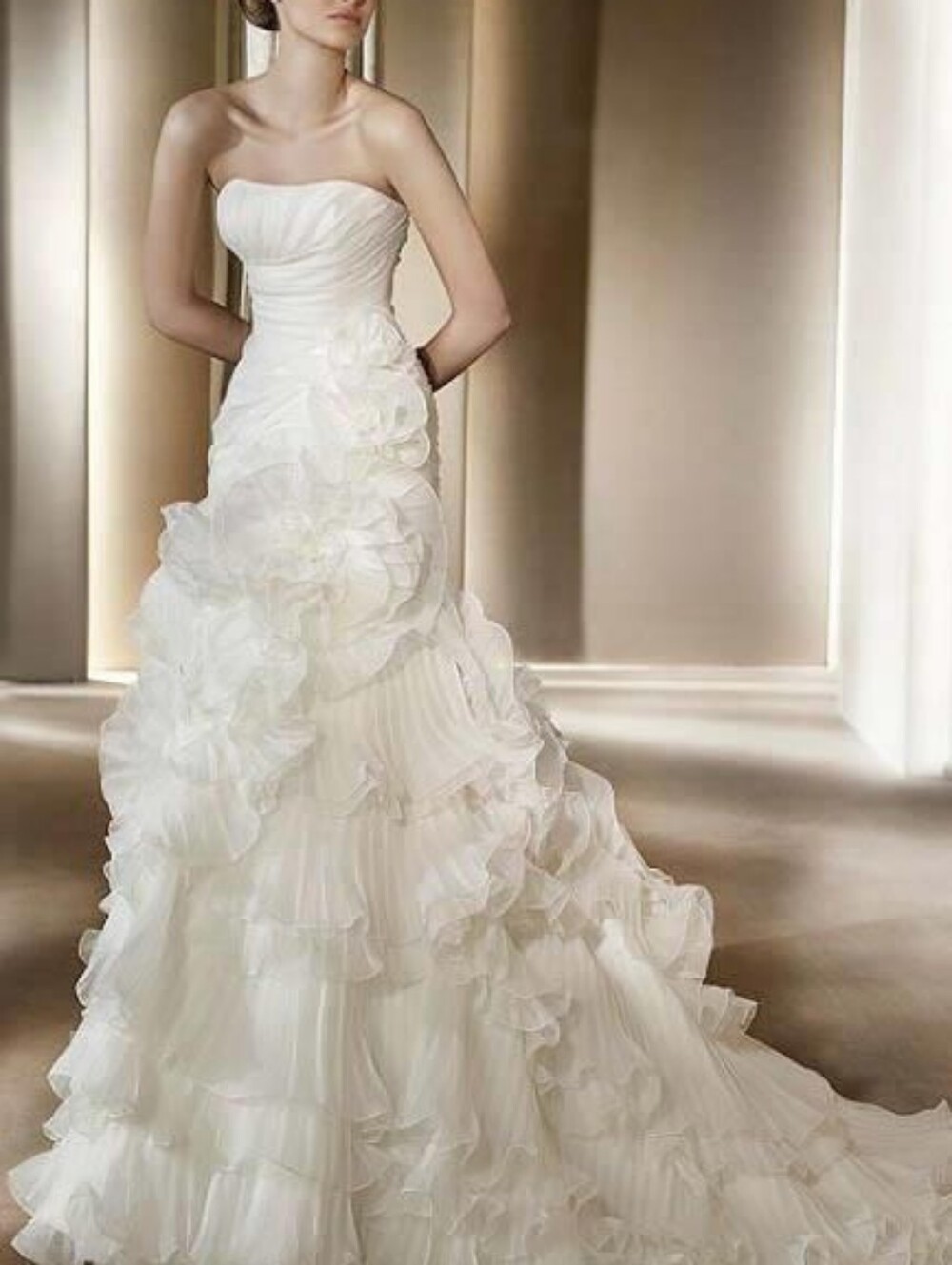 PRONOVIAS Ruffled Wedding Dress with Floral Appliqué